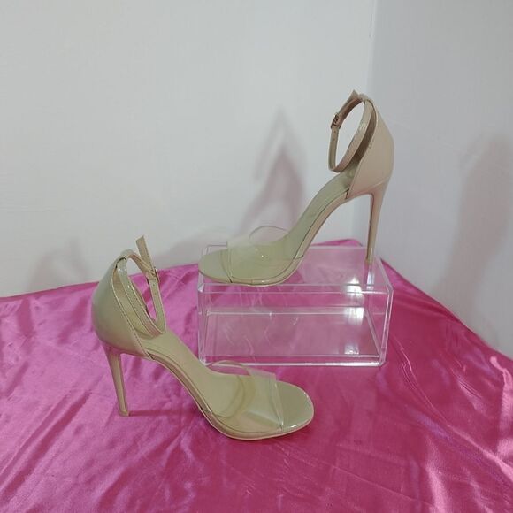 Aldo Beige SZ 7.5 Nude Faux Patent Strappy Dress Sandals 4" High Heels - Picture 3 of 9